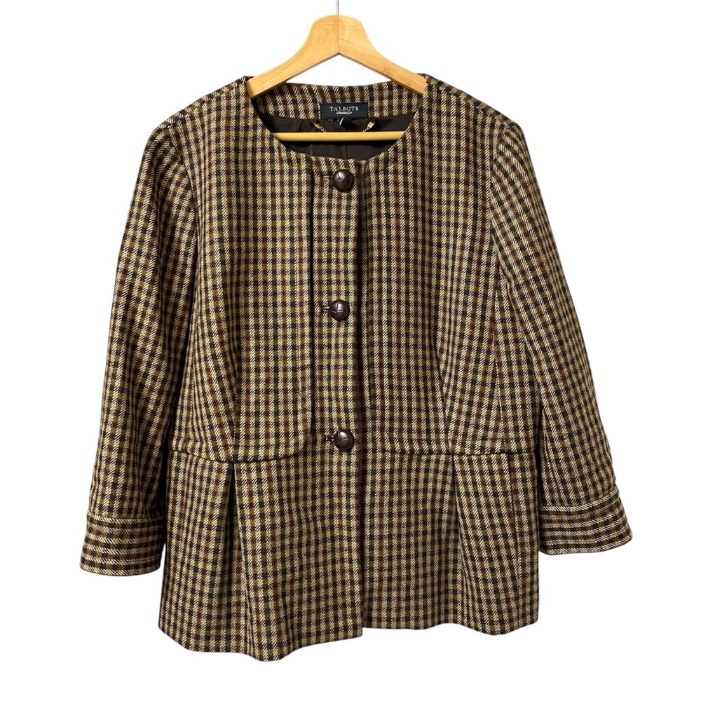 Talbots vintage brown plaid Fall wool peplum button up blazer jacket size 14